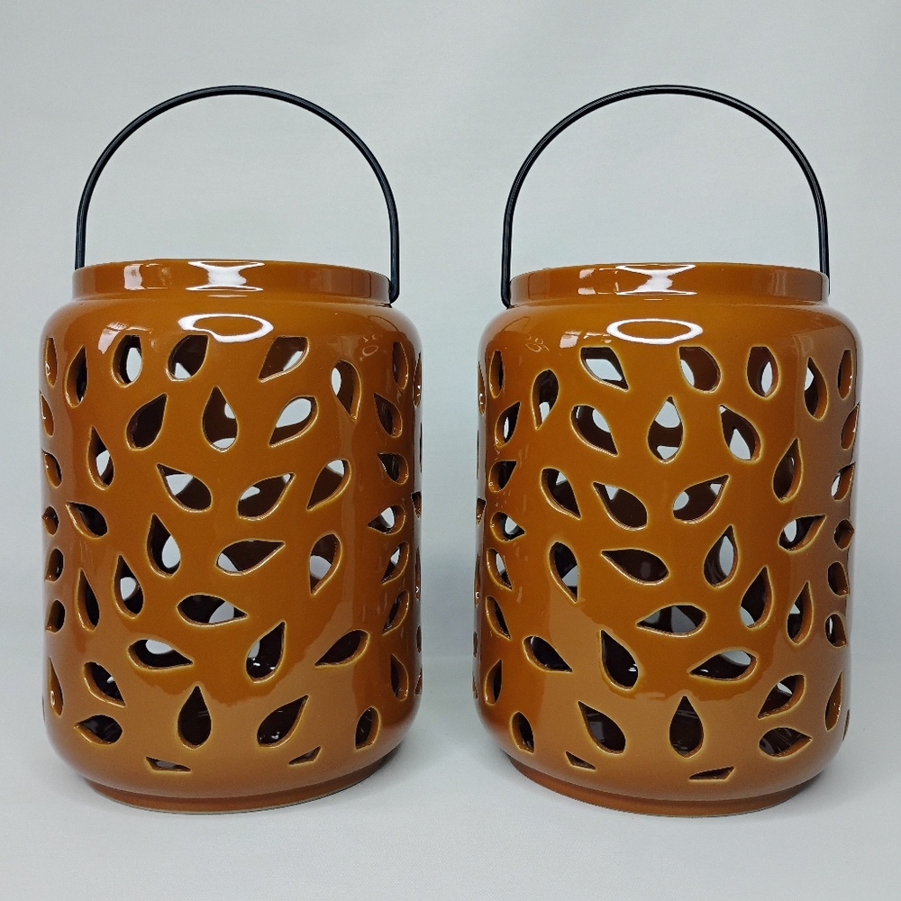 Ceramic Perforated Lantern Candle Holder 2Pc Set Fall Autumn Core Seasonal Decor